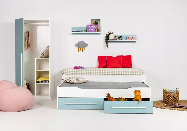Cama de casal com 2 gavetas + 2 prateleiras parede JAIPUR Cama de casal com 2 gavetas + 2 prateleiras parede JAIPUR