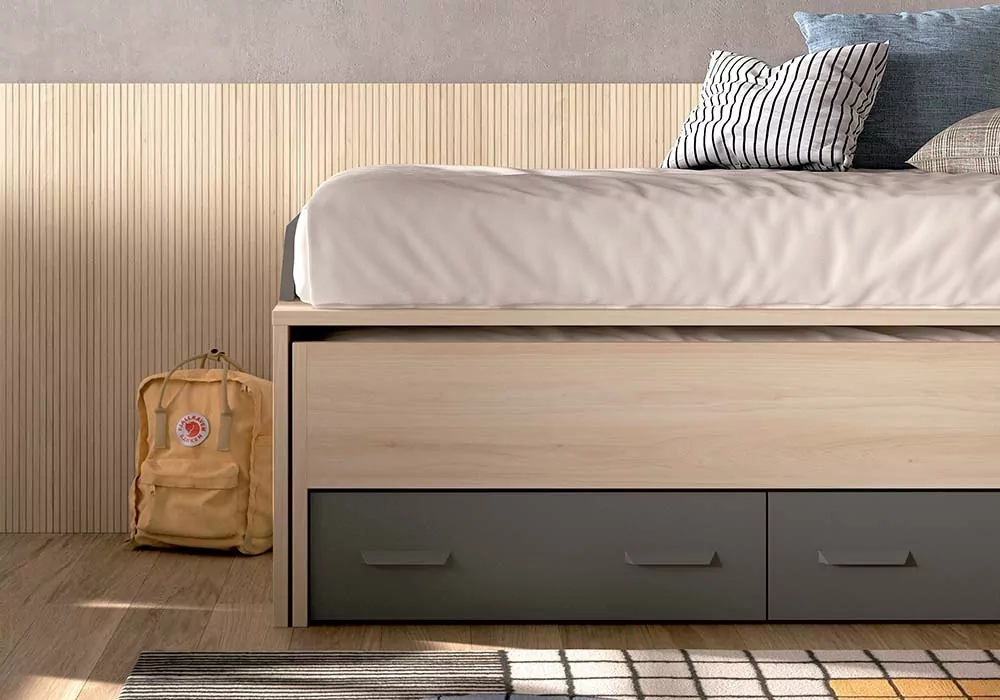 Cama compacta de 90 ou 105 com cama auxiliar oculta e 2 gavetas CORBAN PLUS