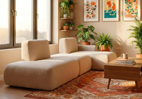 Sofá modular terminal com chaise-longue e puff TINA