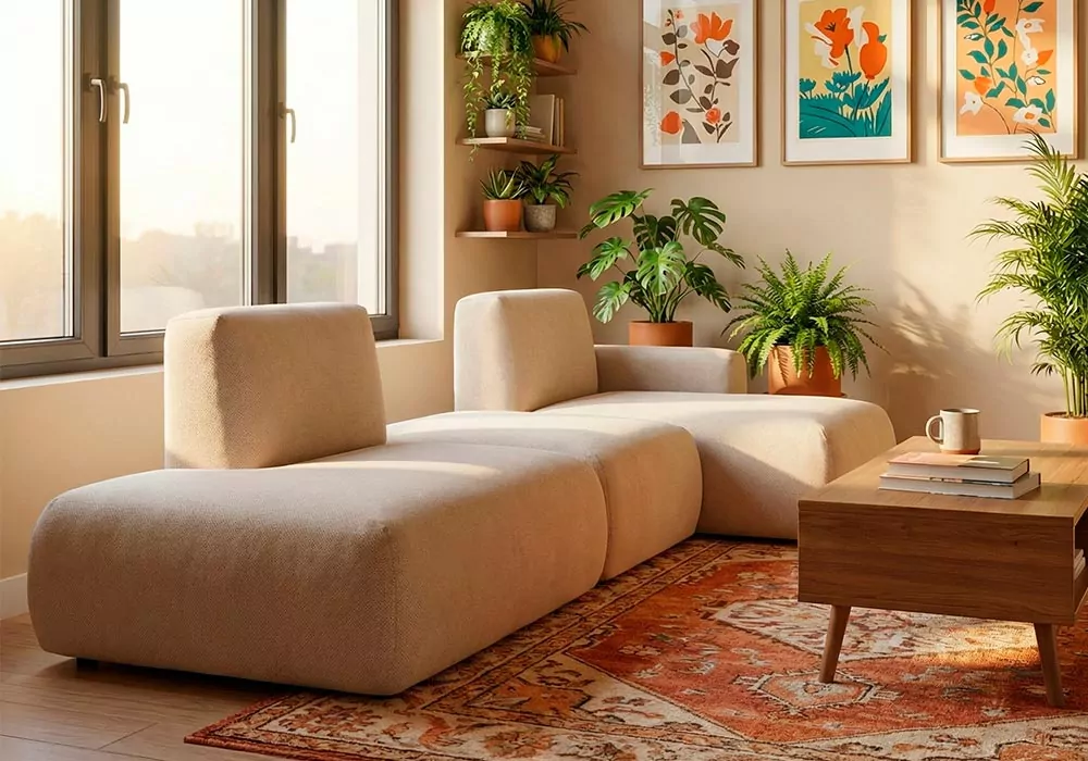 Sofá modular terminal com chaise-longue e puff TINA