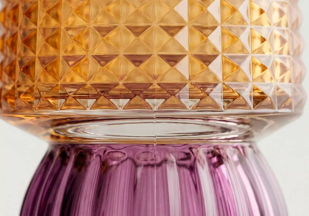 Portavelas cristal LUZE Morado/Naranja Detalle Portavelas cristal LUZE Morado/Naranja Detalle