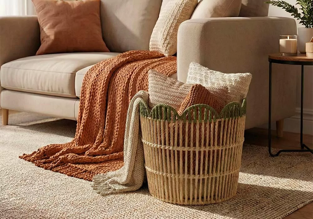 Cesta con borde ondulado ANGLES decorada verde