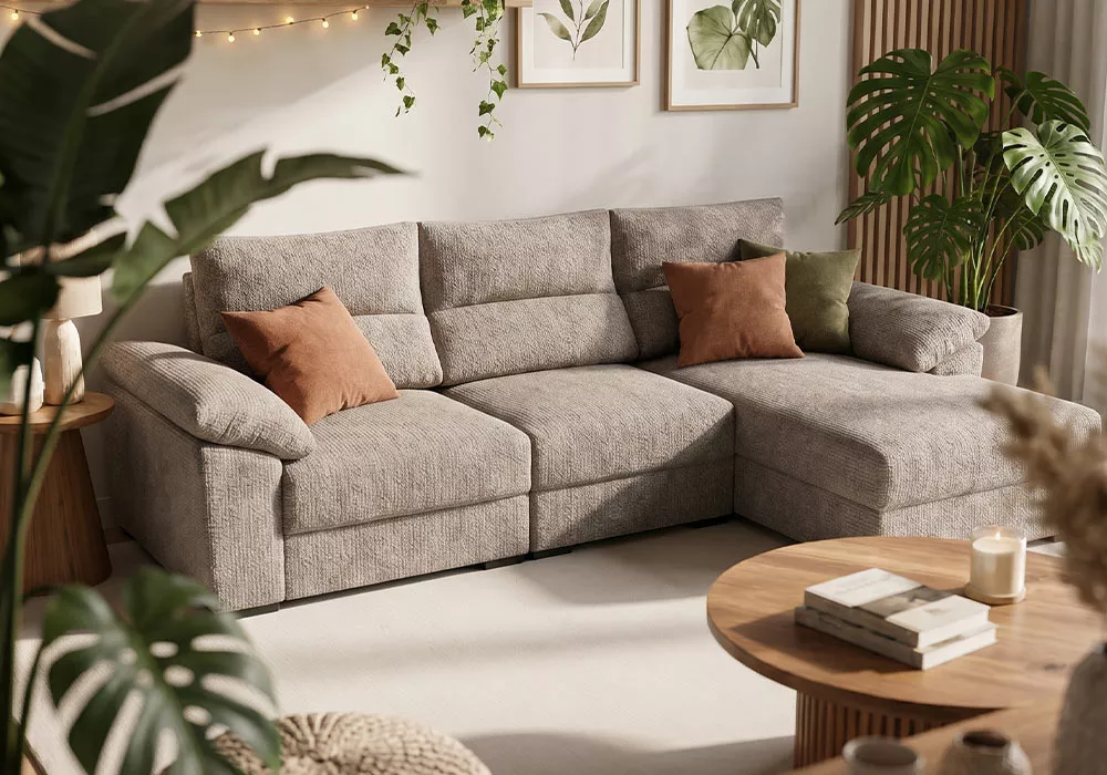 Sofá chaise longue asientos deslizantes NIVA ambiente gris claro