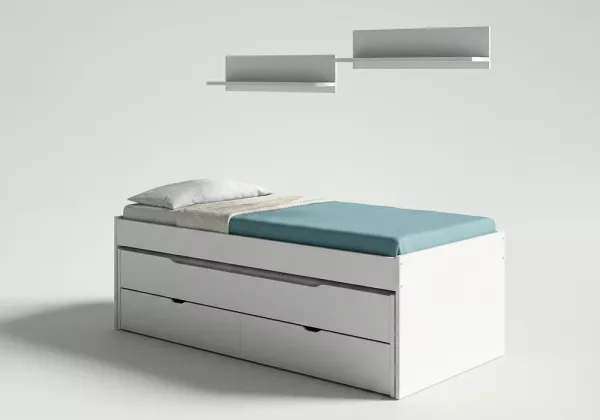 Cama doble con 2 cajones + 2 estantes pared MORFEO-perspectiva Cama doble con 2 cajones + 2 estantes pared MORFEO-perspectiva