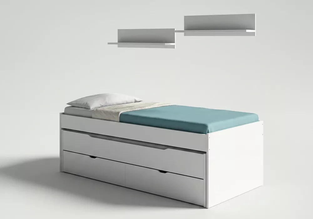 Cama doble con 2 cajones + 2 estantes pared MORFEO-perspectiva Cama doble con 2 cajones + 2 estantes pared MORFEO-perspectiva