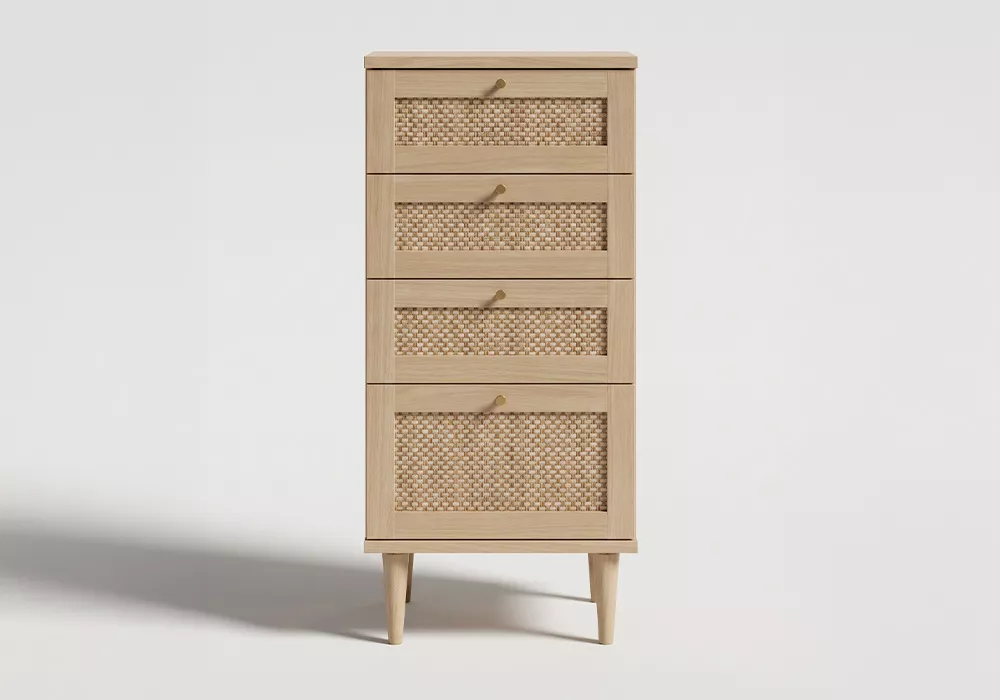 Cómoda alta com 3 gavetas e 1 compartimento em faia e rattan CALABRIA Cómoda alta com 3 gavetas e 1 compartimento em faia e rattan CALABRIA