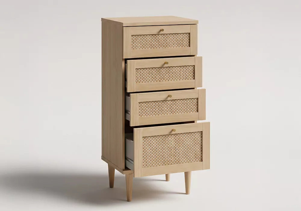 Cómoda alta com 3 gavetas e 1 compartimento em faia e rattan CALABRIA Cómoda alta com 3 gavetas e 1 compartimento em faia e rattan CALABRIA