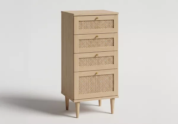 Cómoda alta com 3 gavetas e 1 compartimento em faia e rattan CALABRIA Cómoda alta com 3 gavetas e 1 compartimento em faia e rattan CALABRIA