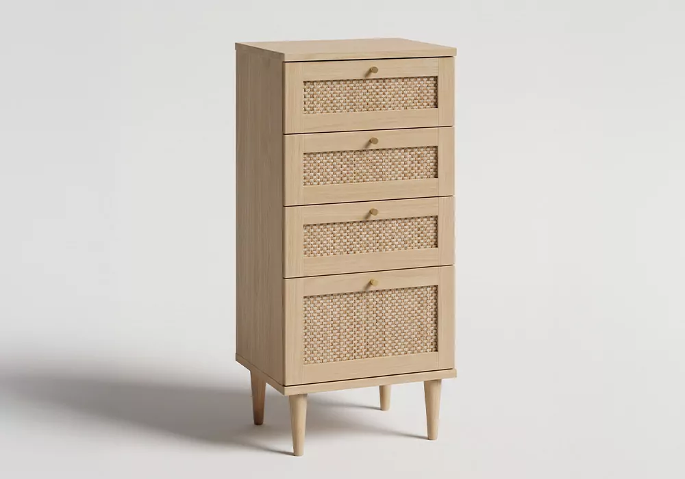 Cómoda alta com 3 gavetas e 1 compartimento em faia e rattan CALABRIA Cómoda alta com 3 gavetas e 1 compartimento em faia e rattan CALABRIA